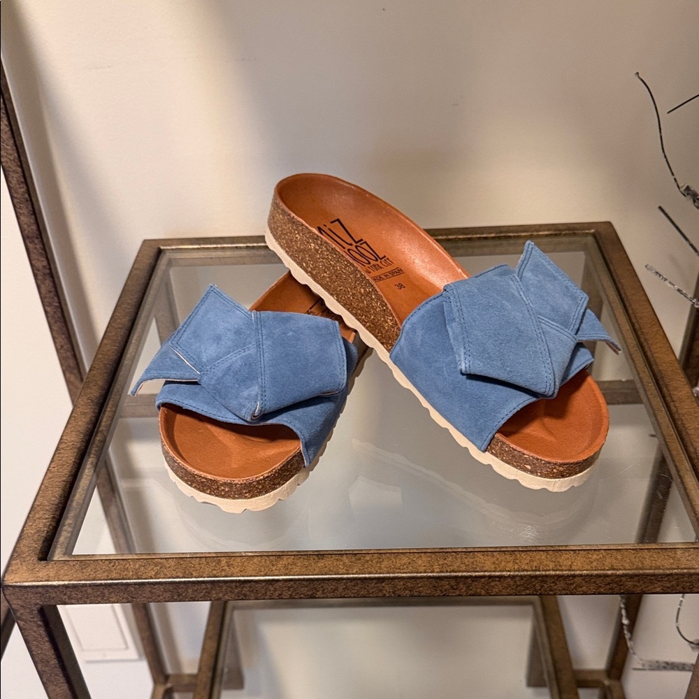 Blue Suede Bow Slide Sandals for Women
